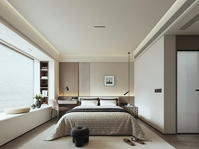 Modern Bedroom Interior Design With Bed Window Wardrobe Rug And Soft Tones 3d model