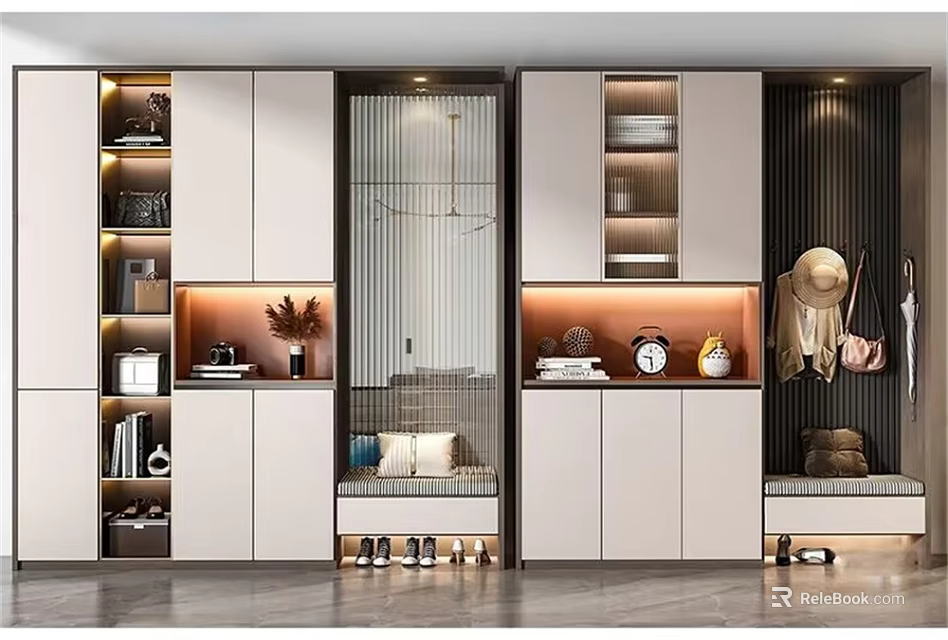 Modern Shoe Cabinet Interior Design With Storage Seating Bench Hanging Rack And Decorative Clock 3d model