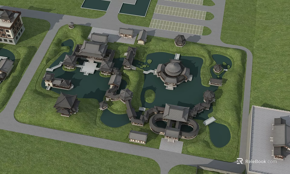 Ancient Chinese Architectural Complex With Traditional Courtyards And Pond Garden Layout 3d model 