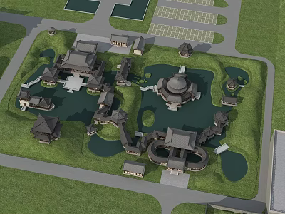 Ancient Chinese Architectural Complex With Traditional Courtyards And Pond Garden Layout 3d model