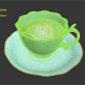 Light Blue Teacup and Saucer with Gold Floral Patterns Holding Latte with Swirl Art