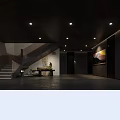 Modern Hotel Corridor With Large Sunset Mountain Painting Recessed Lighting And Plants At End