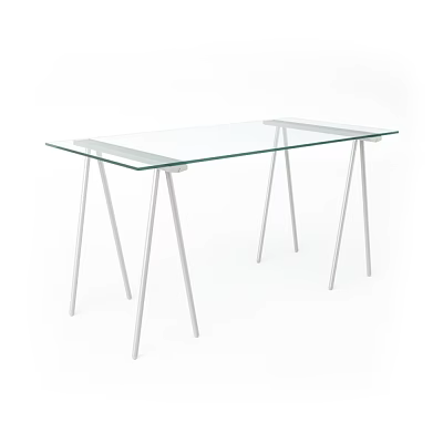 Modern Functional Desk With Clear Glass Top And Sleek Metal Legs 3d model