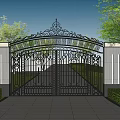 Building Exterior Wall With Ornate Iron Gate Lush Green Plants And Cloudy Sky