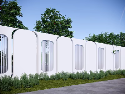 White Building Exterior Wall with Arched Windows Vertical Grilles and Green Shrubs Under Blue Sky 3d model