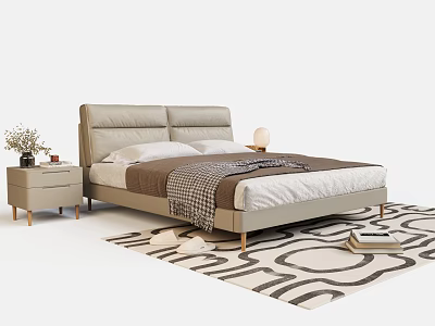 Modern Double Bed Interior With Nightstand Table Lamp And Area Rug Throw Blanket 3d model