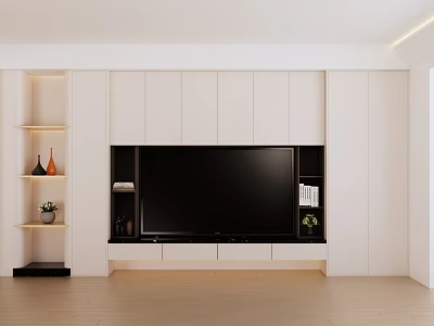 Modern Open Living and Dining Room Interior with White Cabinets TV Wall Wooden Flooring 3d model