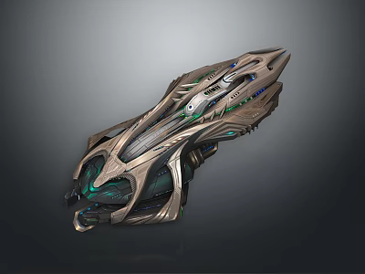 Detailed Futuristic Sci Fi Spaceship Featuring Metallic Texture Green Blue Lights 3d model