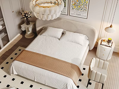 Modern Double Bed in Stylish Bedroom with Beige Headboard Chandelier Nightstand and Accent Chair 3d model