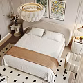 Modern Double Bed in Stylish Bedroom with Beige Headboard Chandelier Nightstand and Accent Chair