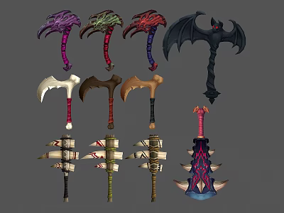 Assorted Fantasy Weapons Collection Featuring Colored Staffs Axes Winged And Scroll Designs 3d model