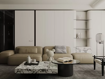 Modern Living Room Interior With Beige Sofa Marble Coffee Table And Storage Cabinets 3d model