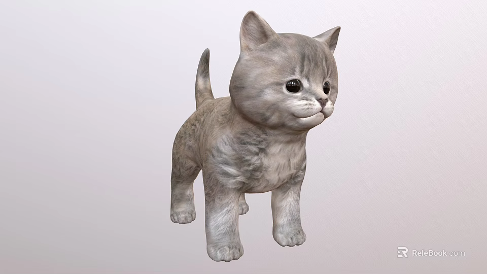 Gray Kitten Toy With Fluffy Fur Big Eyes And Standing Posture 3d model 