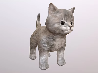 Gray Kitten Toy With Fluffy Fur Big Eyes And Standing Posture 3d model