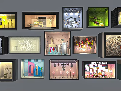 Creative Store Window Displays Featuring Diverse Decorative Elements And Retail Designs 3d model