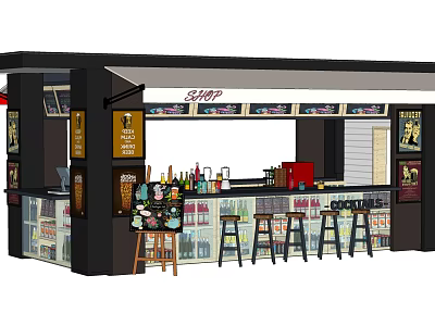 Stylish Lapp Bar Counter With Stools Bottles Decorative Flowers And Signage 3d model