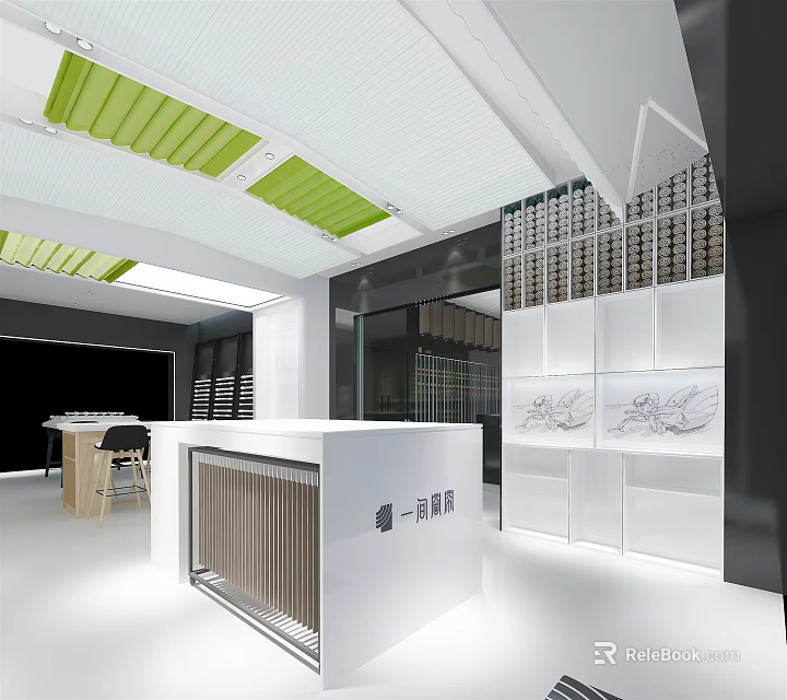 Modern Retail Store Interior Design With White Counter Green Ceiling And Display Shelves 3d model 