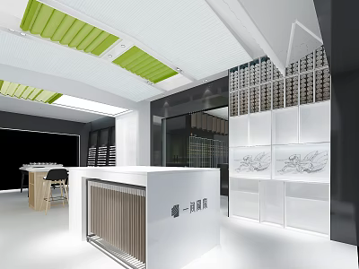 Modern Retail Store Interior Design With White Counter Green Ceiling And Display Shelves 3d model