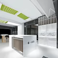 Modern Retail Store Interior Design With White Counter Green Ceiling And Display Shelves