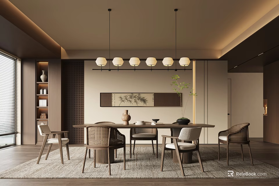 Modern Restaurant Interior With Long Wooden Dining Table Rattan Chairs Hanging Pendant Lights And Decorative Art 3d model 