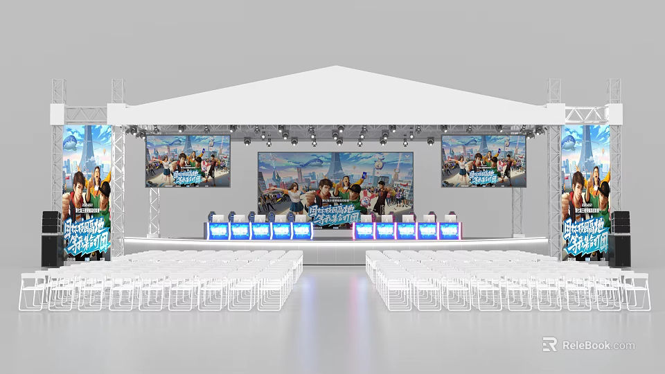 Event Stage Setup With White Tent Ceiling Large Screens And White Chairs 3d model