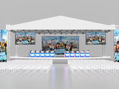 Event Stage Setup With White Tent Ceiling Large Screens And White Chairs 3d model