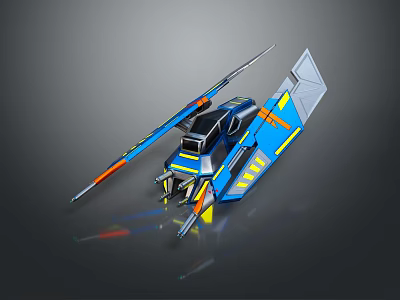 Futuristic Blue And Yellow Spaceship Design With Long Wings And Weapons 3d model