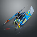 Futuristic Blue And Yellow Spaceship Design With Long Wings And Weapons