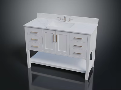 White Bathroom Vanity with Marble Countertop and Faucet Cabinets Drawers and Lower Shelf 3d model