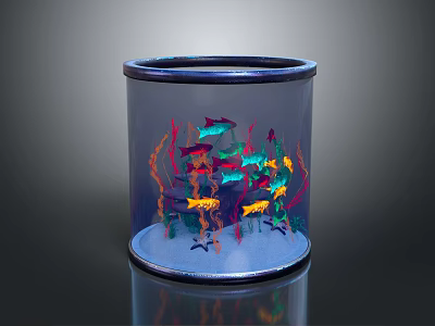 Cylindrical Glass Fish Tank with Colorful Fish and Artificial Coral Decorations 3d model