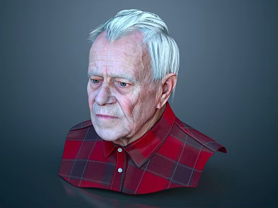 Elderly Man With White Hair Wearing Red Plaid Shirt Bust Against Dark Background 3d model