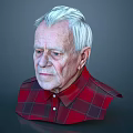 Elderly Man With White Hair Wearing Red Plaid Shirt Bust Against Dark Background