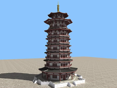 Ancient Chinese Pagoda Multi Story Traditional Design With Golden Spire Base Railings Against Blue Sky 3d model