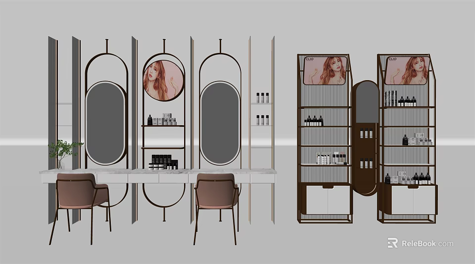 Modern Dressing Table Vanity With Oval Mirrors Wooden Chairs And Cosmetic Shelves 3d model 
