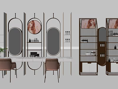 Modern Dressing Table Vanity With Oval Mirrors Wooden Chairs And Cosmetic Shelves 3d model