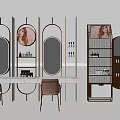 Modern Dressing Table Vanity With Oval Mirrors Wooden Chairs And Cosmetic Shelves