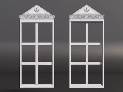 White Decorative Window Frames With Triangular Ornamented Top And Crossed Grid Panels 3d model