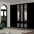 Stylish Room Interior With Black Wardrobe Rattan Panels Arched Windows And Green Plant