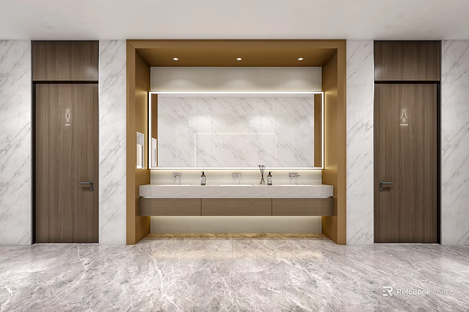 Hotel Bathroom Interior With Marble Walls Double Sinks Wooden Doors And Lighted Mirror 3d model 