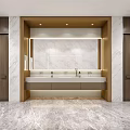 Hotel Bathroom Interior With Marble Walls Double Sinks Wooden Doors And Lighted Mirror
