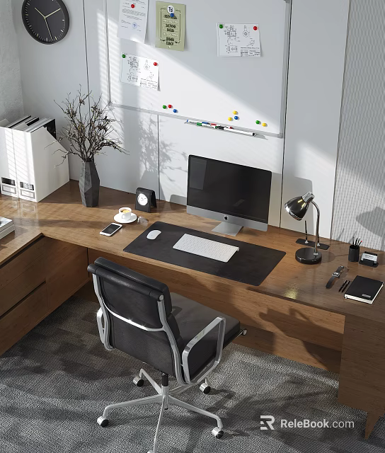 Modern Wooden Office Desk With Computer Monitor Keyboard Mouse Desk Lamp And Natural Light 3d model 