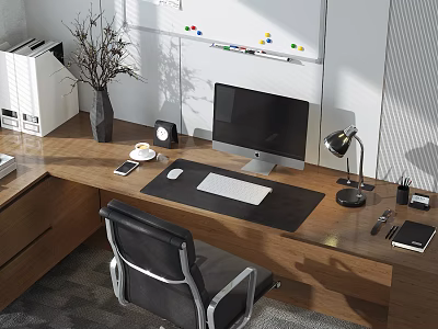 Modern Wooden Office Desk With Computer Monitor Keyboard Mouse Desk Lamp And Natural Light 3d model