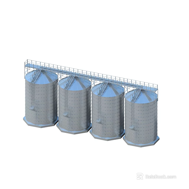 Industrial Storage Tanks Featuring Four Cylindrical Steel Silos With Top Platform And Ladder Access 3d model 