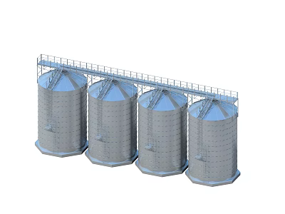 Industrial Storage Tanks Featuring Four Cylindrical Steel Silos With Top Platform And Ladder Access 3d model