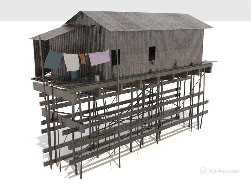 Traditional Wooden Stilt House With Clothes Hanging On Veranda And Elevated Structure 3d model 