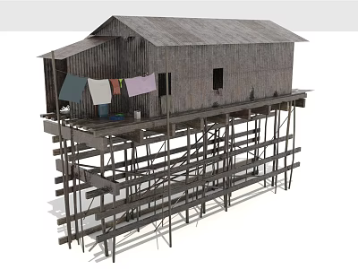 Traditional Wooden Stilt House With Clothes Hanging On Veranda And Elevated Structure 3d model