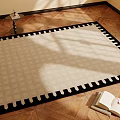 Beige and Black Checkered Square Area Rug on Wooden Floor with Open Book