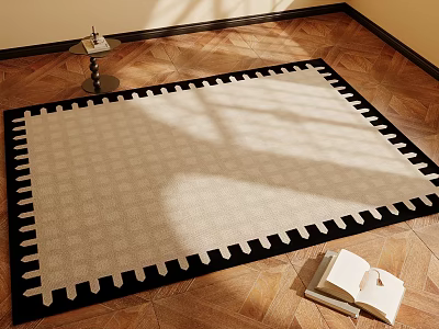 Beige and Black Checkered Square Area Rug on Wooden Floor with Open Book 3d model