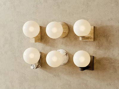 Six Wall Lamps With White Spherical Shades And Beige White Black Bases On Beige Textured Wall 3d model