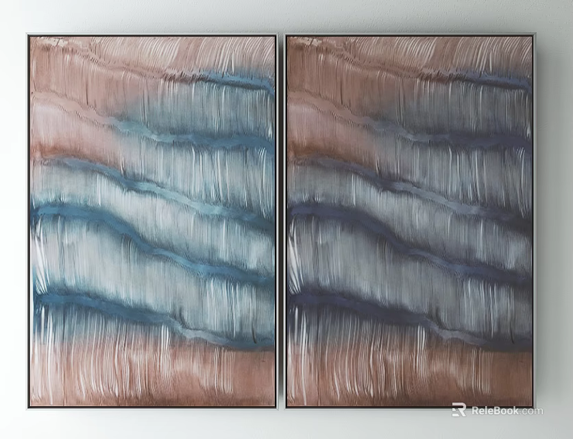 Two Abstract Textured Wall Paintings With Pink Blue White Wavy Layers Modern Home Decor 3d model 